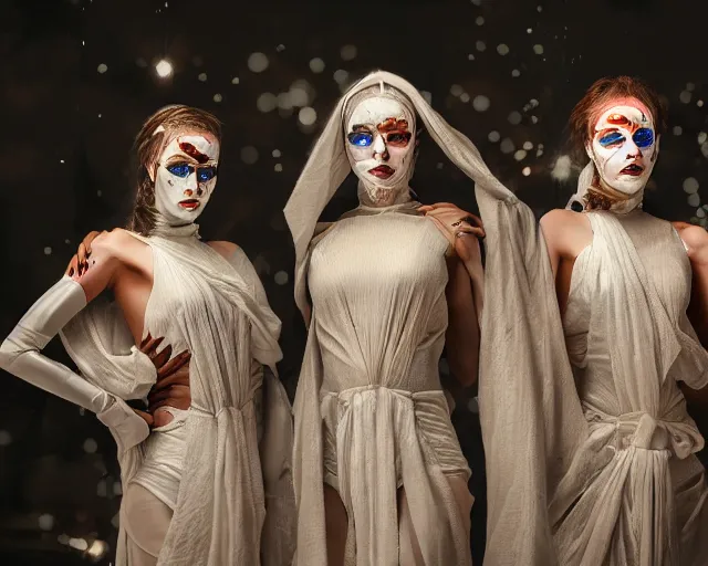 Prompt: a film still of three synthetic female human oracles wrapped in white cloth, beautiful, tribal facepaint, neotokyo, cinematic lighting, high resolution, 4 k