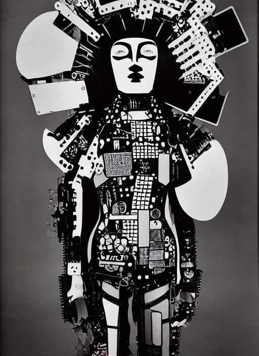 Image similar to Portrait of a punk goth fashion fractal mecha girl with a television head wearing kimono made of circuits and leds, surreal photography by Man Ray