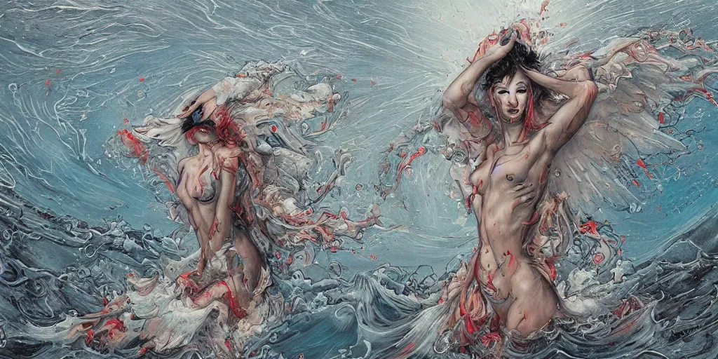 Image similar to an elegant angel surfacing out of the sea, thunderstorm, art by james jean, graffiti, liquid, splatter paint