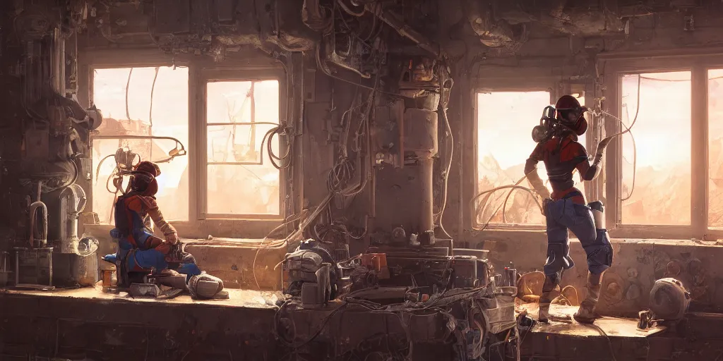 Image similar to highly detailed portrait painting of welder girl, room mono window, by eddie mendoza and tyler edlin, 8 k resolution