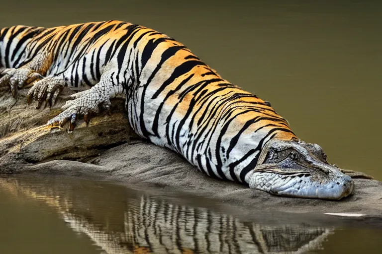 Image similar to an alligator tiger!!! hybrid! hyper realistic!! realistic lighting!! wildlife photographer of the year!!! bold natural colors, national geographic, hd, wide angle, 8 k