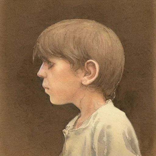 Image similar to portrait of a child standing and facing front looking strait ahead a muted color watercolor sketch of story book character ifrom the book Baltimore & Redingote by Jean-Baptiste Monge of an old man in the style of by Jean-Baptiste Monge that looks like its by Jean-Baptiste Monge and refencing Jean-Baptiste Monge