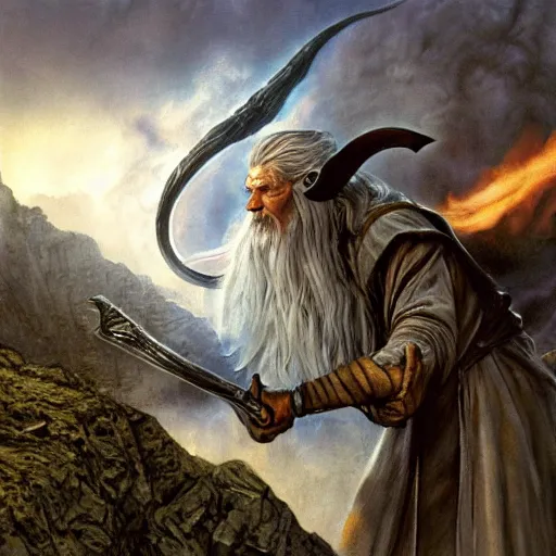 Image similar to beautiful gandalf fighting the balrog, by alan lee, lord of the rings, smooth, detailed terrain, oil painting, matte painting, concept art, trending on artstation