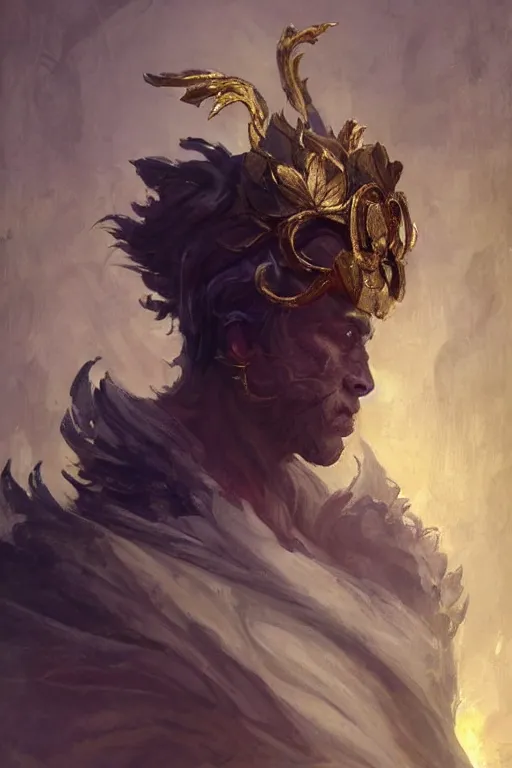 Prompt: a masculine elegant man from sideview with large shoulders and wearing golden laurel wreath, ethereal horror fantasy art by greg rutkowski and magali villanueve and monet con