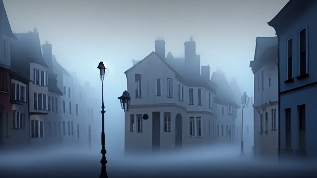 Image similar to the old town with houses in the windows of which the light is on. early morning, fog. mike barr painting. volumetric light, derk blue ambient, noir arthouse, 3 5 mm, hight detalied, hd, 4 k