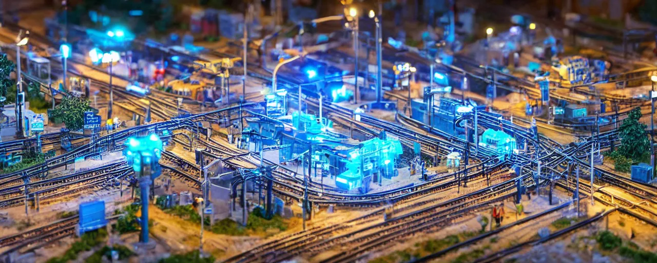 Prompt: mega detailed miniature voxel diorama of futuristic railway junction, modern architecture, tilt shift, industrial lights, by night clean and sterile atmosphere, row of street lamps with cold blue light, several trains nearby, near future 2 0 3 0