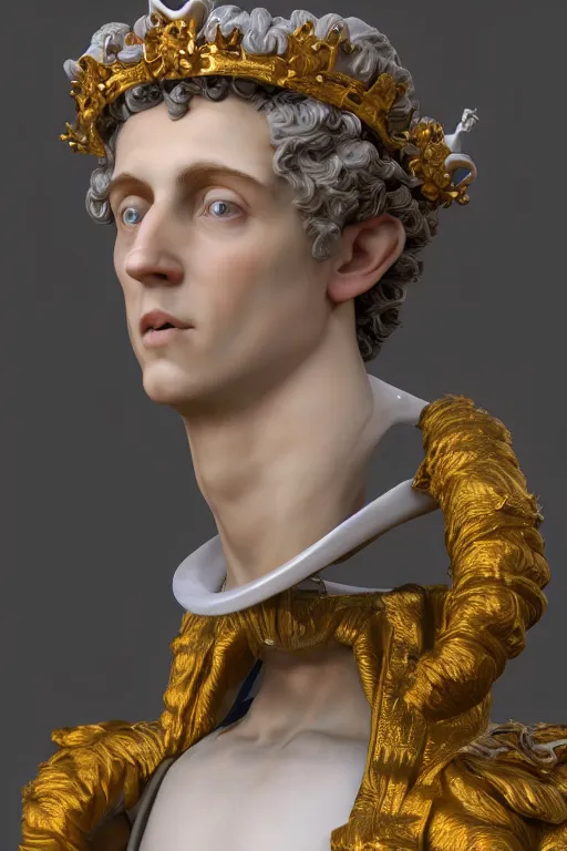 Prompt: a realistic porcelain full-head rococo style bust of handsome young Spanish prince with colored pipecleaners for a crown and suspended in outer space, photorealism, octane render, depth of field, 8k, 35mm, artgem, Trending on artstation