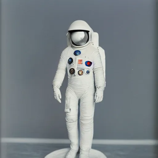 Prompt: Studio photography of a marble sculpture astronaut with light grey background, 35mm shot on color film photography