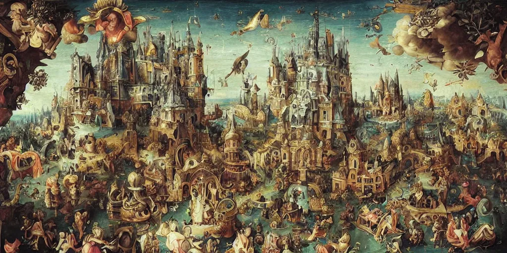 Image similar to beautiful!!! ornate heavenly!!! black!! rococo megastructure in the style of heironymus bosch, colorful intricate masterpiece, hyper detailed, hd