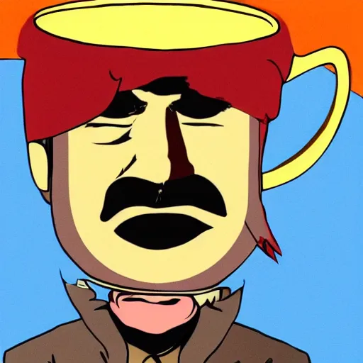 Prompt: gorillaz art depicting pancho villa in a giant cup of tea