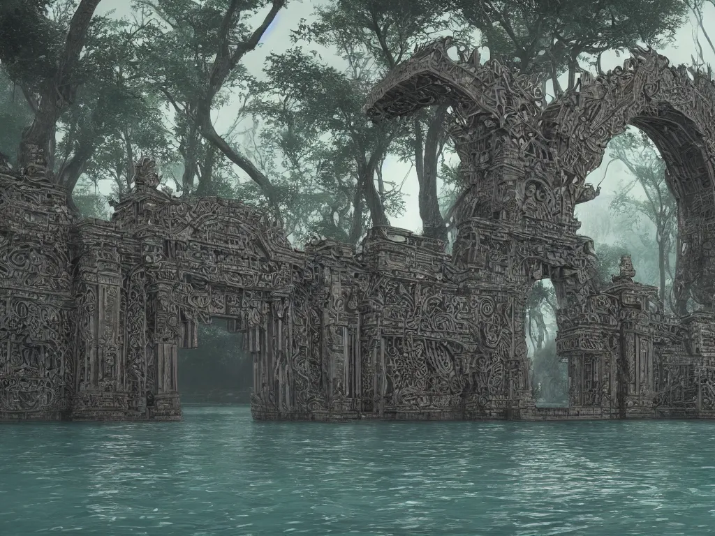 Prompt: an intricate concept art of a large structure tribal gate in a lagoon, artstation, sci - fi, hyper realistic, concept art, art by dylan cole, cinematic lighting, octane render