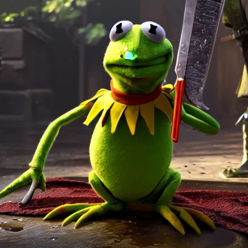 Image similar to kermit kills with a sword, blood shower, hyper detailed, 8 k, pixar.