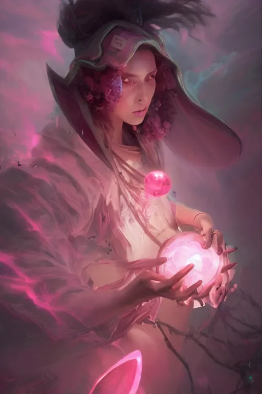 Image similar to beautiful girl necromancer covered with pink thunderstorm, 3 d render, hyper realistic detailed portrait, holding magic crystals, ruan jia, wlop. scifi, fantasy, hyper detailed, octane render, concept art, peter mohrbacher