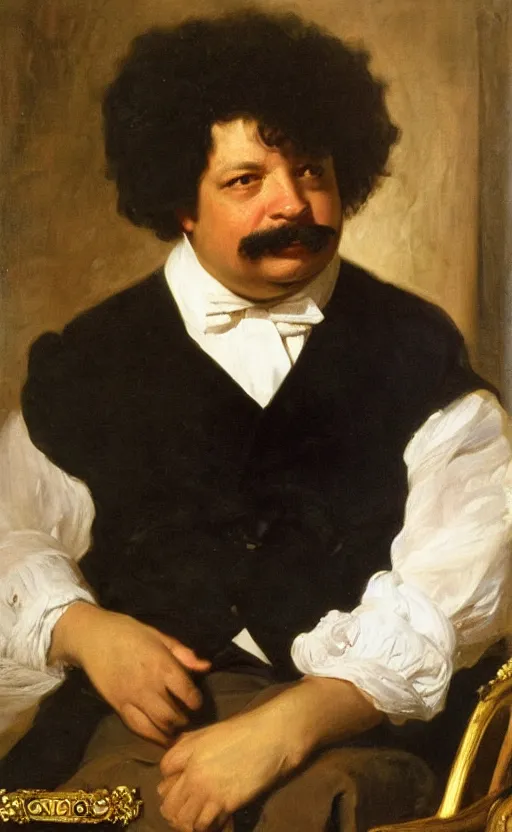 Image similar to Portrait of Alexandre Dumas, oil on canvas, highly detailed, high contrast, by Franz Xaver Winterhalter, Henry Ossawa Tanner, Anthony van Dyck, 8k