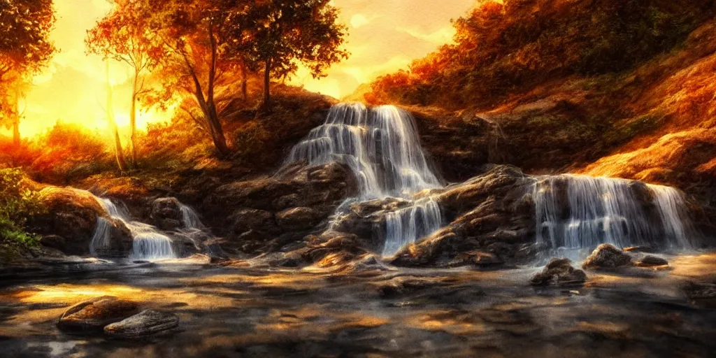 Prompt: golden hour waterfall nature landscape, watercolor, ultra realistic, highly detailed, hd, sharp focus, cinematic lighting, warm colors, realistic, photorealistic, vivid colors, painting, digital art, non blurry, sharp, artstation, smooth, illustration