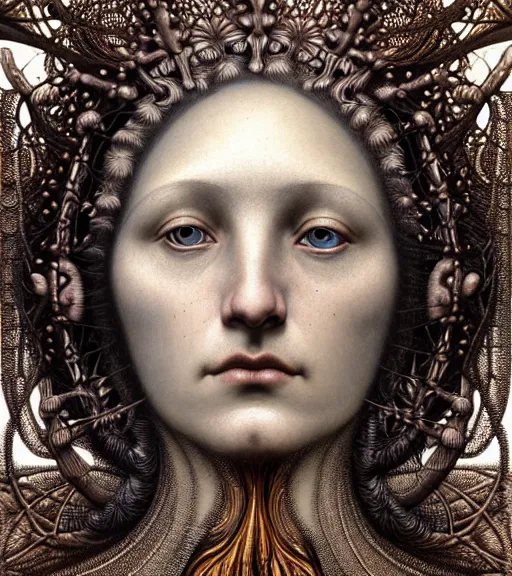 Prompt: detailed realistic beautiful salome face portrait by jean delville, gustave dore, iris van herpen and marco mazzoni, art forms of nature by ernst haeckel, art nouveau, symbolist, visionary, gothic, neo - gothic, pre - raphaelite, fractal lace, intricate alien botanicals, ai biodiversity, surreality, hyperdetailed ultrasharp octane render