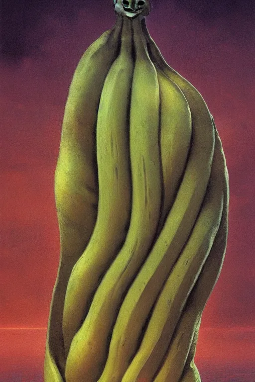 Image similar to cosmic horrors on my giant banana, close up of a banana, by zdzislaw beksinski, by dariusz zawadzki, by wayne barlowe, gothic, surrealism, cosmic horror, lovecraftian, cold hue's, warm tone gradient background, concept art, beautiful composition