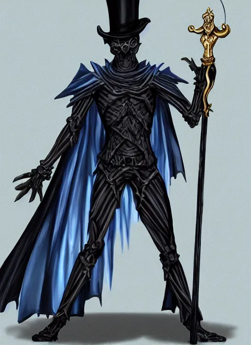 Image similar to DND character art, skeletal male figure, wearing a deep black suit!!! and tie and top hat, holding a gold! cane!, blue flames!!