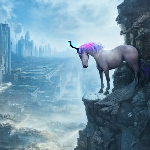 Image similar to a iridescent unicorn on a cliff overlooking a dystopian city covered in toxic smog, ultra realistic, concept art, intricate details, highly detailed, photorealistic, octane render, 8 k, fantasy art