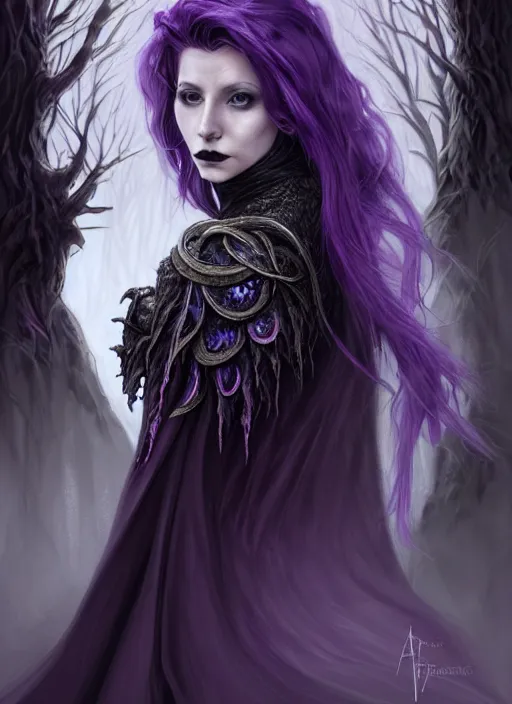 Image similar to side portrait Melanie Strohmaier as dark witch, adventurer outfit large cloak, fantasy forest landscape, dragon scales, fantasy magic, undercut hairstyle, short purple black fade hair, dark light night, intricate, elegant, sharp focus, illustration, highly detailed, digital painting, concept art, matte, art by WLOP and Artgerm and Greg Rutkowski and Alphonse Mucha, masterpiece