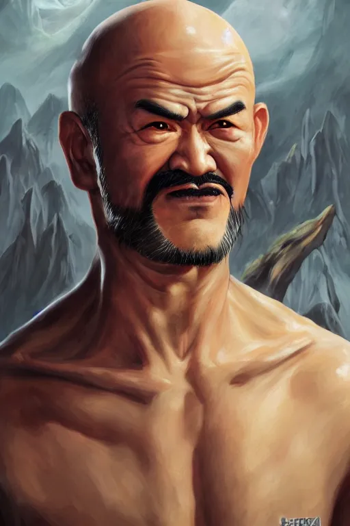 Image similar to a full body high detail fantasy portrait oil painting illustration of heihachi mishima by justin sweet with face and body clearly visible, in a scenic background, pretty eyes, realistic proportions, d & d, rpg, forgotten realms, artstation trending, high quality, sombre mood, artstation trending, muted colours, entire person visible!