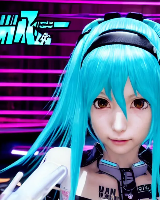 Image similar to Hatsune Miku in the role of Johnny Silverhand from Cyberpunk 2077, amazing short, 8K, IMAX, ultra detailed