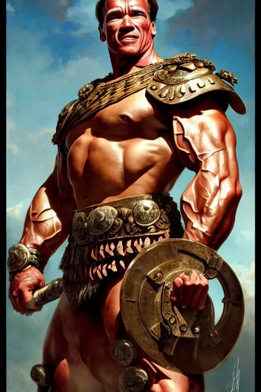 Image similar to old arnold schwarzenegger as a roman gladiator, fantasy, intricate, artstation, full body, concept art, smooth, sharp focus by huang guangjian and gil elvgren and sachin teng, 8 k