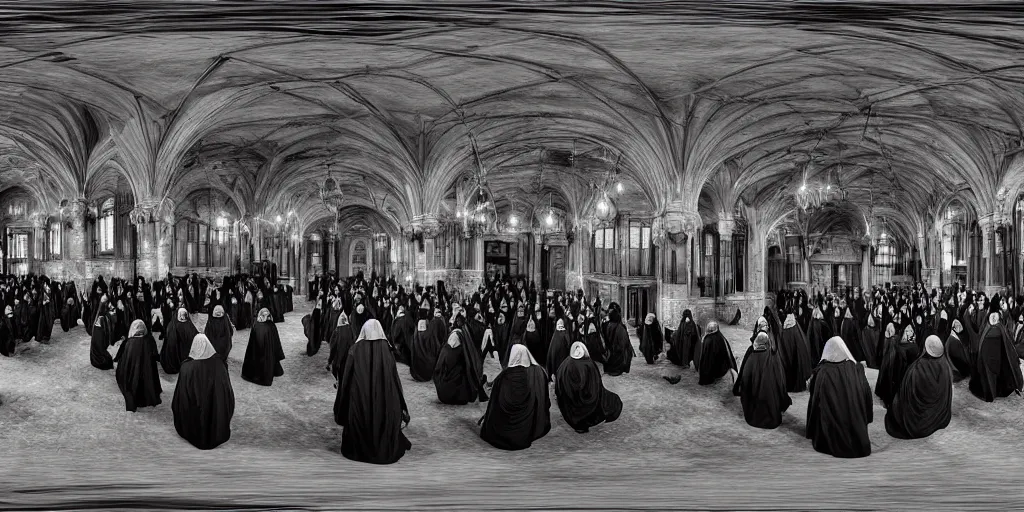 Image similar to house hall with 1 0 old women wearing black hooded cloaks, evil, black and white, lurking, looking at the camera, fear, dramatic lighting, equirectangular, 3 6 0 º