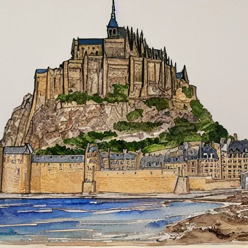 Prompt: watercolour painting of mont - saint - michel by john blanche, michael kirkbride, high detail, very intricate, vertcial lines, watercolour on paper, ink outlines