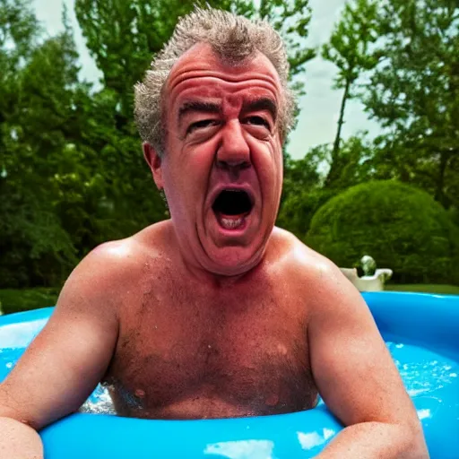 Image similar to jeremy clarkson angry screaming sitting in a paddling pool filled with spaghetti bolognese