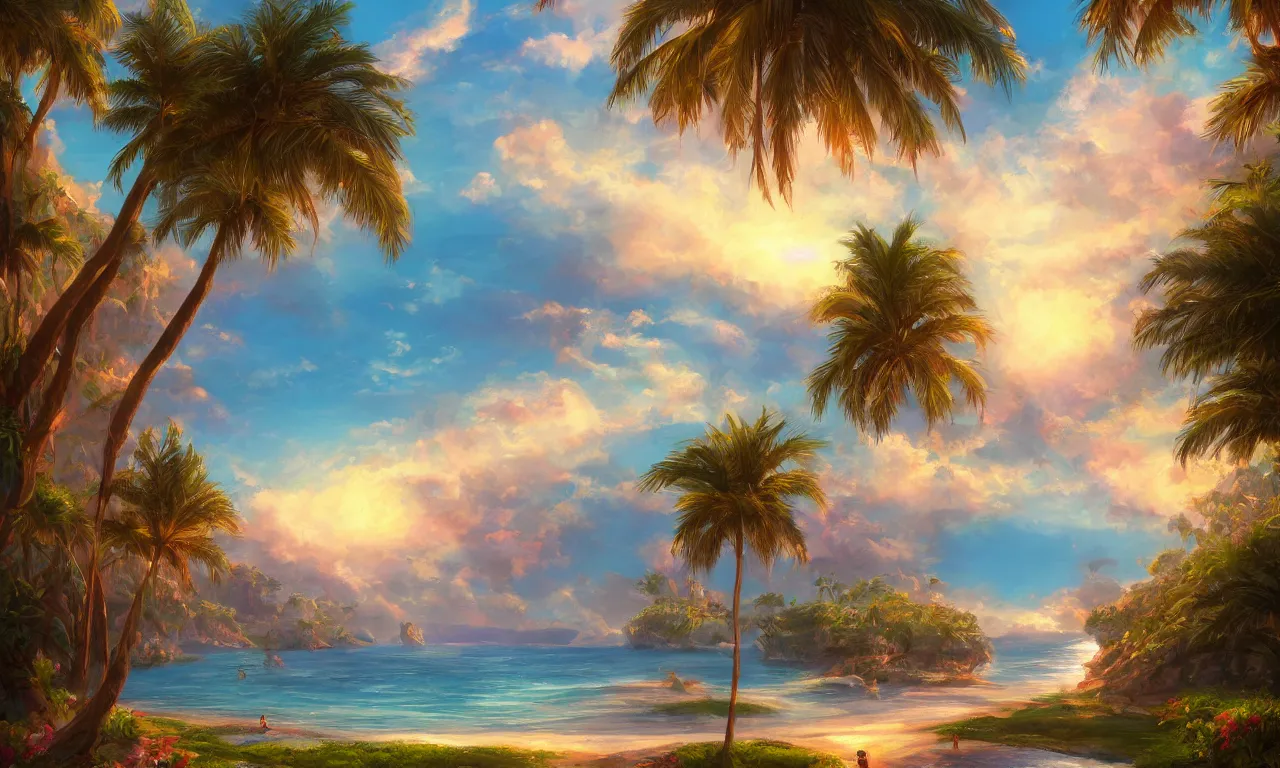 Prompt: Beautiful magical palm beach. Magical summer palm beach, trending on artstation, 50mm, by Noah Bradley