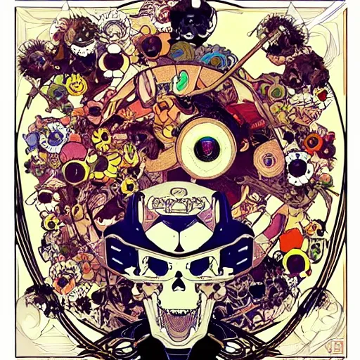 Image similar to anime manga skull portrait robot gundam face illustration style by Alphonse Mucha and Takashi Murakami pop art nouveau