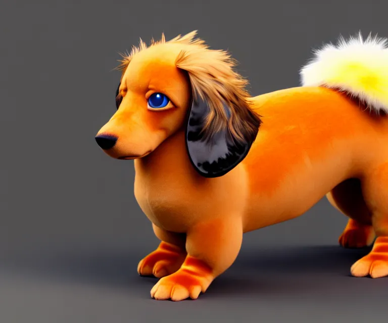 Image similar to high quality 3 d render hyperrealist very cute fluffy dachshund - pokemon, plush mascot, long spiky fluffy smooth hair, photo from the side, multi colors, vivid colors, vray, smooth background, artstation, ultra detailed