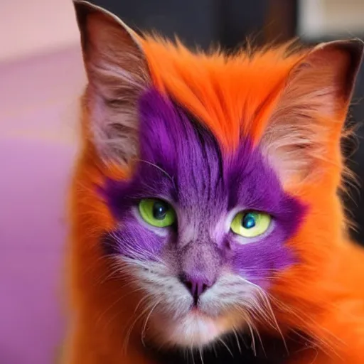 Image similar to orange cat, with his hair died purple to look like the cheshire cat, photo