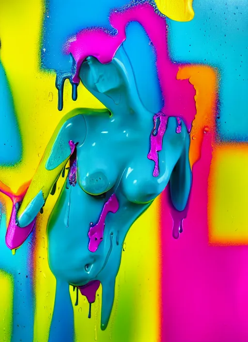 Prompt: an abstract drippy, melted mannequin, cyan, magenta, yellow