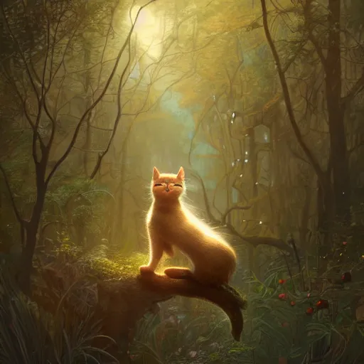 Image similar to metallic gold cat creating magic in the gnarly forest at night by tom bagshaw, mucha, karl kopinski, trending on artstation, 8k, denoised, crisp, hd