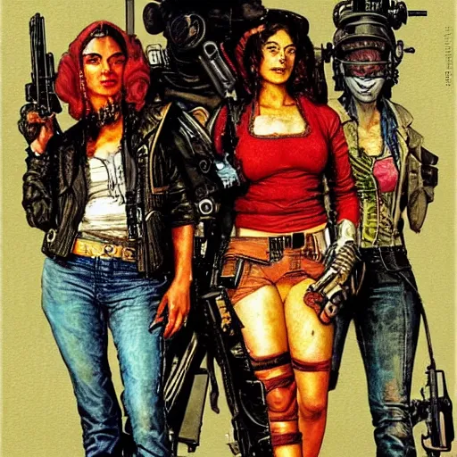 Prompt: portrait of three cyberpunk female outlaws, by norman rockwell