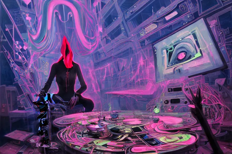 Image similar to a highly detailed beautiful masterpiece painting of a cybernetic technomancer wizard in dazzle camouflage robes with pointed hood discussing sentience with his synthesized AI djinn hologram in his laboratory near a computer by Remedios Varo and Anato Finnstark and Greg Rutkowski, dayglo pink, dayglo blue, hyperrealism, 8k, trending on ArtStation, rendered in Octane, volumetric lighting
