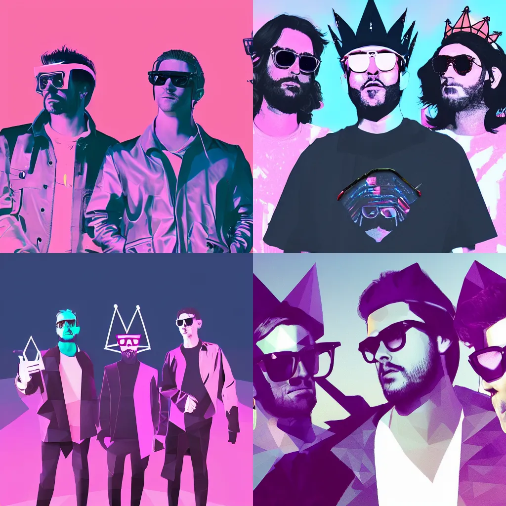 Prompt: high quality photo of three dudes in sunglasses wearing crowns, digital art, polygonal art, cyberpunk, synthwave