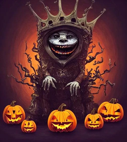 Image similar to a tim burton design of a weird king creature made of pumpkin, wearing a robe, giant and fat, laughing, sitting on a stone throne, detailed game art illustration, menacing carved facial expression, creepy lighting, dynamic pose, 4 k artstation, masterpiece