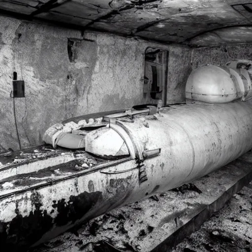 Prompt: photograph of an abandoned soviet submarine underwater, wide angle, dry ice, decay