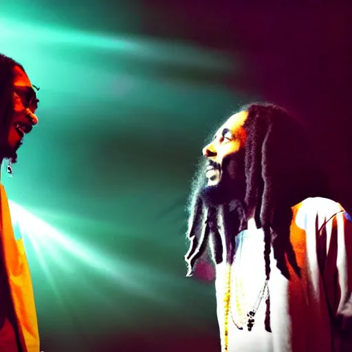 Image similar to a dramatic photograph of snoop dog and bob marley in concert in an infinite universe of mystical light, ground haze, dramatic lighting, filmic, cinematographic, sci - fi