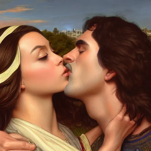 Image similar to jesus kissing a sensual woman in jerusalem, elegant, highly detailed, digital painting, artstation, concept art, matte, sharp focus, highly detailed, 4 k, hdr, smooth, sharp focus, high resolution, award - winning photo, photorealistic, art by artgerm and greg rutkowski and alphonse mucha, large shot