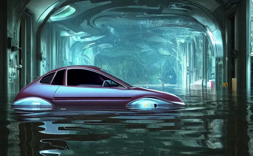 Image similar to car from cars in a flooded fractal hallway, romance novel cover, in 1 9 9 5, y 2 k cybercore, low - light photography, still from a ridley scott pixar movie