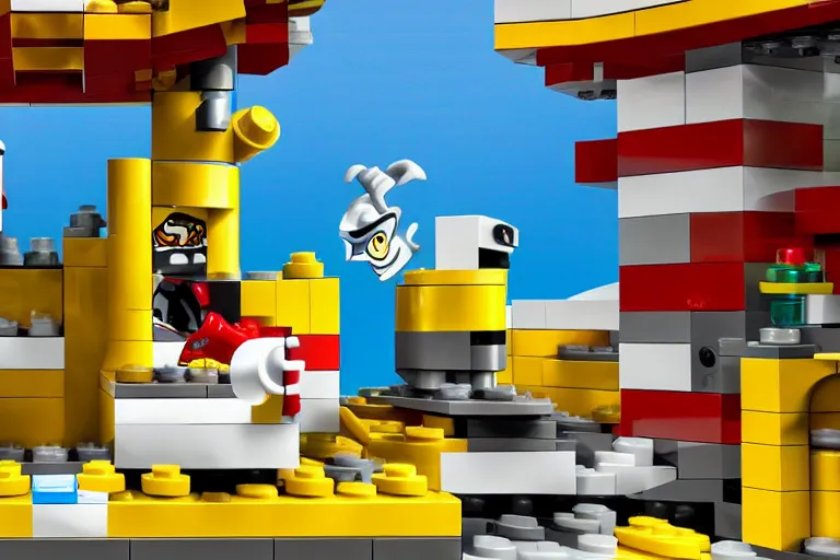 Image similar to lego cuphead, game screenshot, high detail