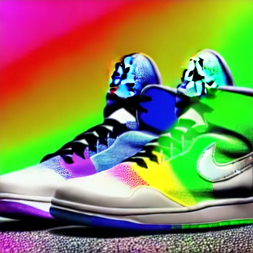 Image similar to photography of a realistic rainbow color air jordan sneaker, ultra detailed, 8 k, product view, white background