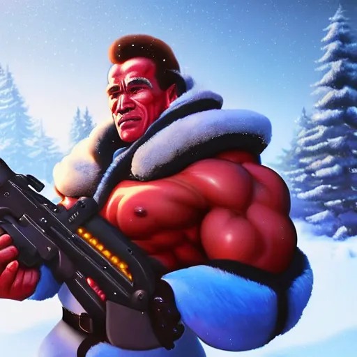 Image similar to a screenshot of arnold schwarzenegger as mei in the snow shooting frost gun in overwatch, portrait, fantasy, beautiful face, vivid colors, elegant, concept art, sharp focus, digital art, hyper - realistic, 4 k, unreal engine, highly detailed, hd, dramatic lighting by brom, trending on artstation