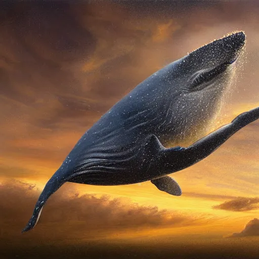 Prompt: illustration of a whale in the sky, realistic painting, classical painting, high definition, digital art, matte painting, very detailed, realistic