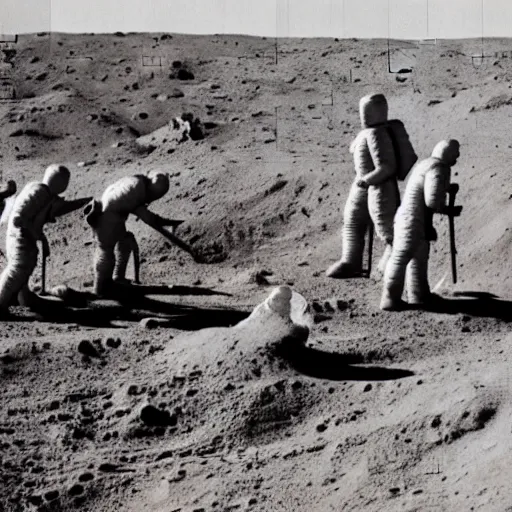 Image similar to full - color 1 9 7 2 photo of dozens of terra - cotta warriors being excavated on the moon by archaeologists wearing space - suits at a dig - site. high - quality professional journalistic photography from time magazine.