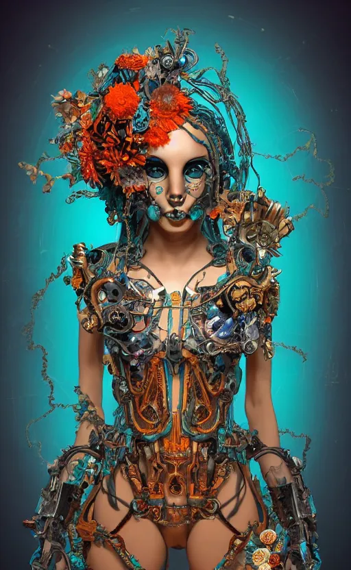 Image similar to a young beautiful hispanic metal android with a large glowing orange crystal in the center of her chest, full-body bronze cyberpunk style statue of Andromeda with glowing blue laser eyes, crown of mechanical chrysanthemums, flowing aqua silk, fabric, steampunk flowers. baroque elements, human skull. full-length view. baroque element. intricate artwork by caravaggio. many flying horses on background. Trending on artstation, octane render, cinematic lighting from the right, hyper realism, octane render, 8k, depth of field, 3D